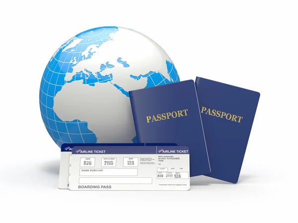 Κόσμο του ταξιδιού. γη, αεροπορικά εισιτήρια και διαβατήριο. 3D — Φωτογραφία Αρχείου