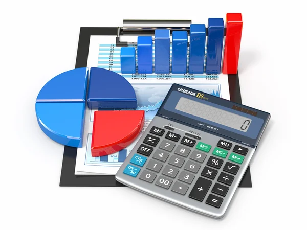 Бизнес аналитика. Калькулятор и финансовые отчеты . — стоковое фото
