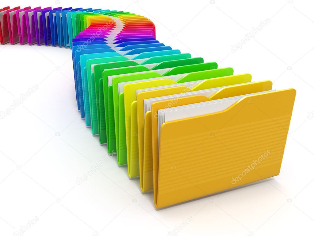 Row of computer folders. Rainbow. 3d