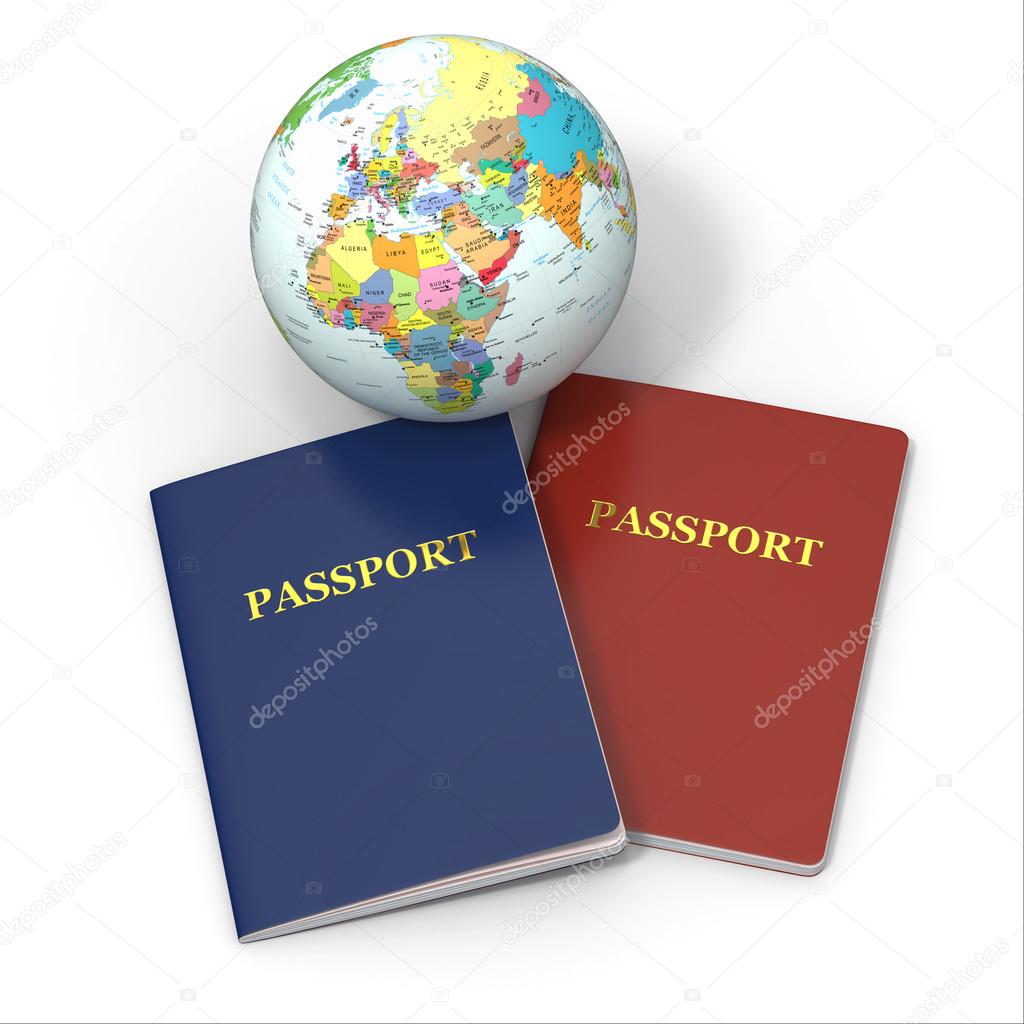 World travel. Earth and passport on white background