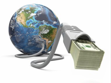 para çevrimiçi yapmak. kavram. para ile dünya ve internet kablo.