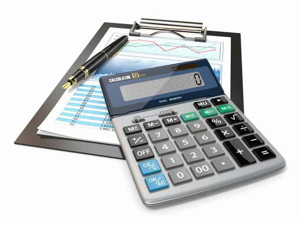 Concepto financiero. Gráfico, calculadora y pluma . —  Fotos de Stock