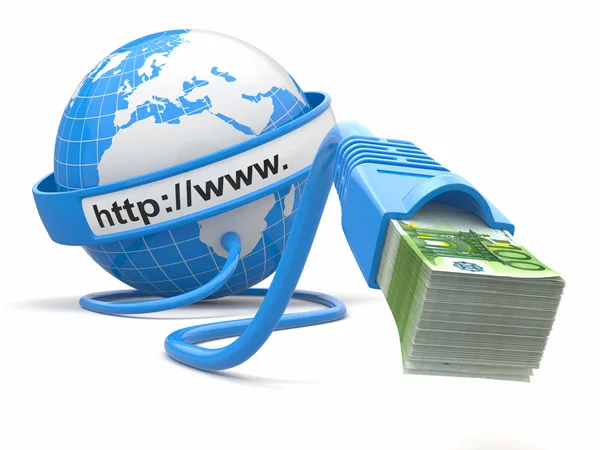 Make money online. Concept. Earth and internet cable with money. — Stock Photo, Image