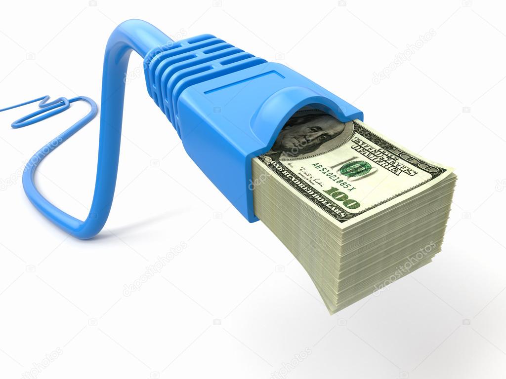 Make money online. Concept. Internet cable with dollars