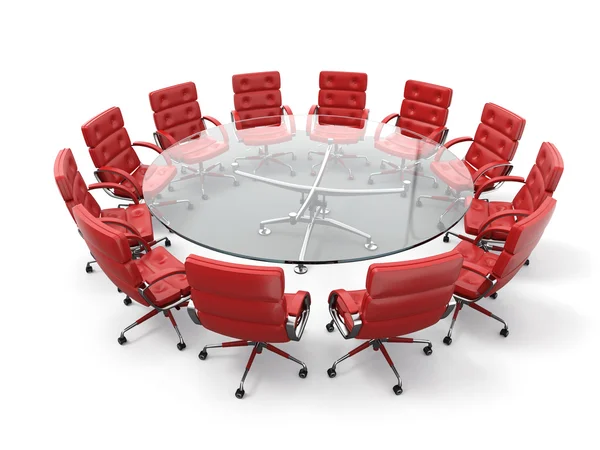 Concepto de reunión de negocios o lluvia de ideas. Mesa circular y sillones rojos —  Fotos de Stock