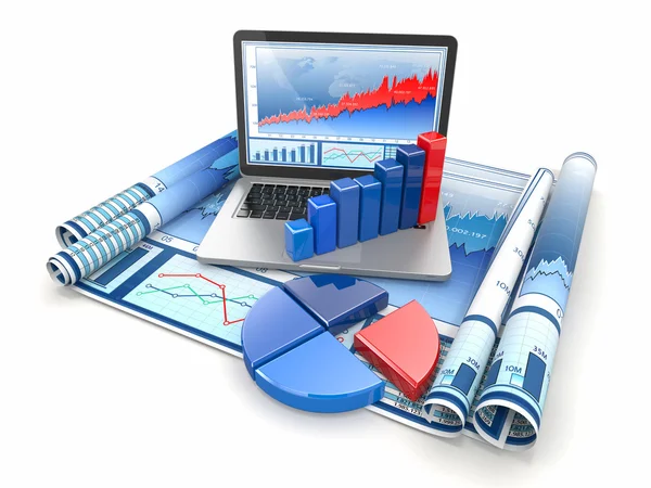 Análisis de negocios. Laptop, gráfico y diagrama . — Foto de Stock