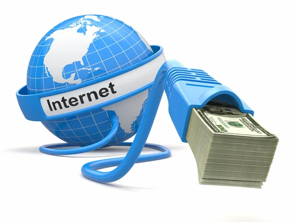 Para çevrimiçi yapmak. kavram. para ile dünya ve internet kablo. — Stok fotoğraf