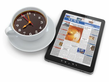 sabah haberleri. tablet PC ve kahve bir fincan saat