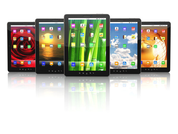 Group of digital tablet pc with different screen backgrounds.