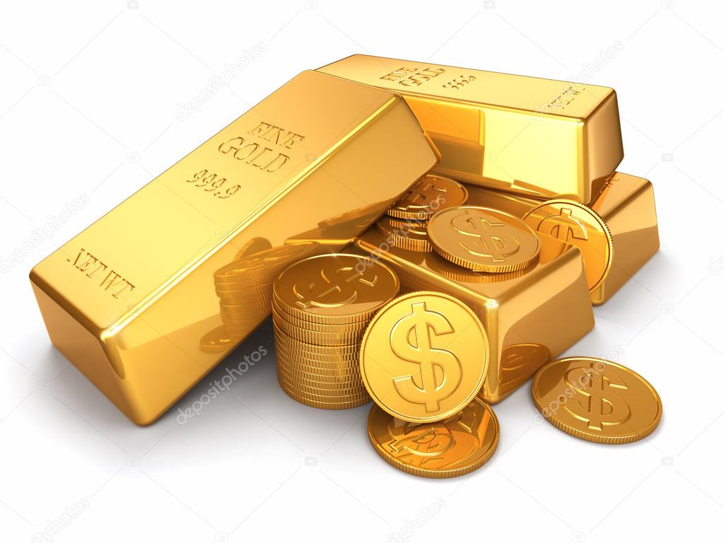 Gold ingots and coins on white isolated background