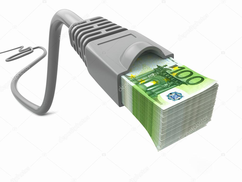 Make money online. Concept. Internet cable with euro