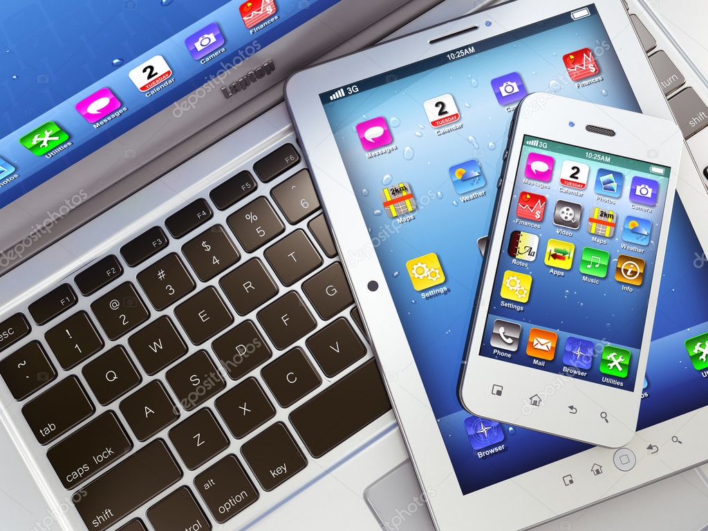 Laptop, mobile phone and digital tablet pc — Stock Photo © maxxyustas