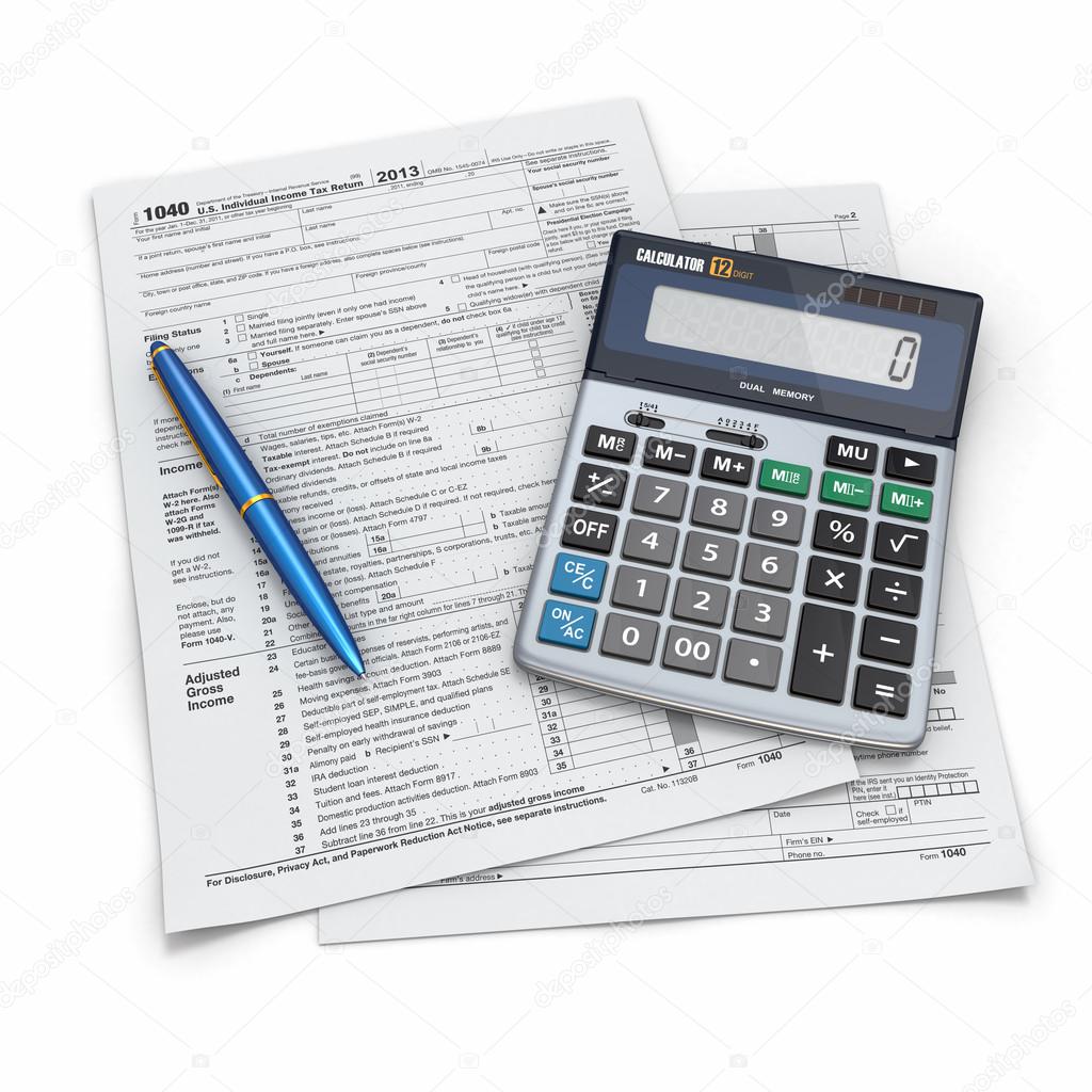 Tax Return 1040, calculator and pen. 3d