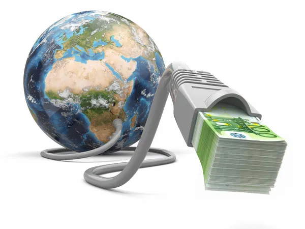 Faire de l'argent en ligne. Concept. Terre et Internet câble avec de l'argent . — Photo