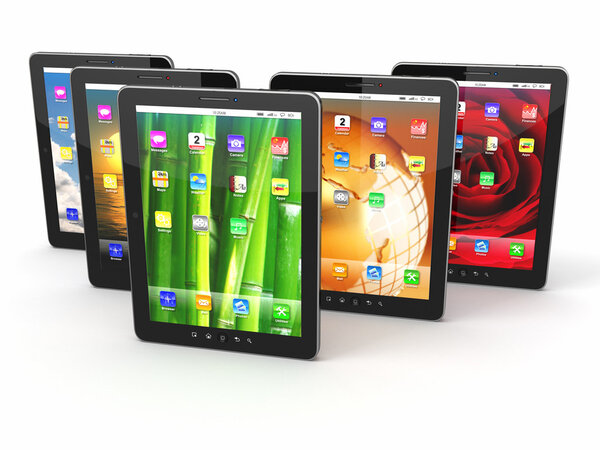 Group of digital tablet pc with different screen backgrounds