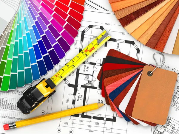 Interior design. Architectural materials tools and blueprints — Stock Photo, Image
