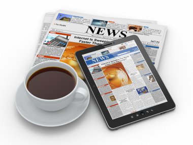 sabah haberleri. tablet pc, gazete ve kahve
