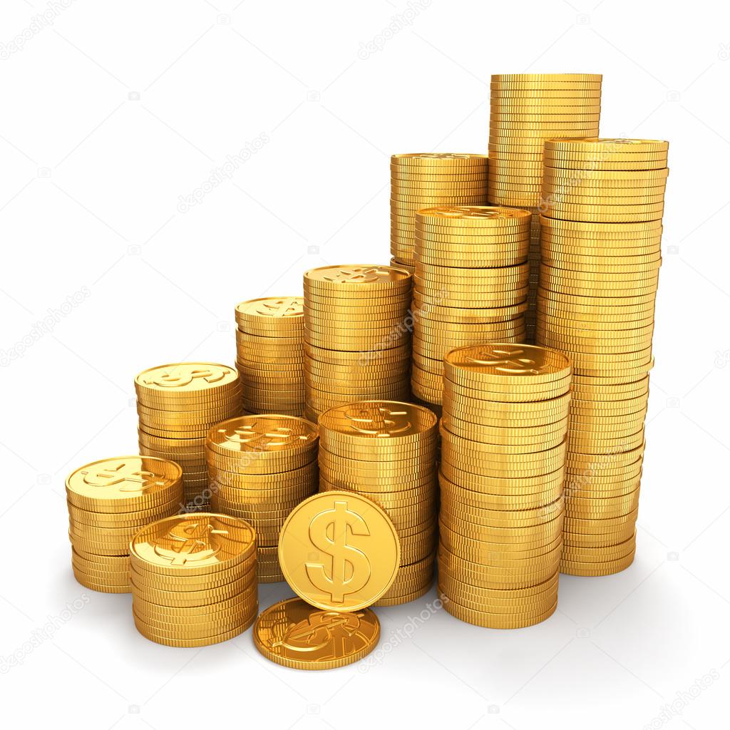 Wealth. Pyramid from gold coins on white background. 3d