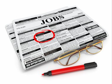 Search job. Newspaper with advertisments, glasses and marker.