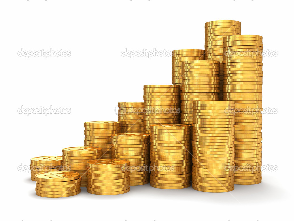 Wealth. Pyramid from gold coins on white background.