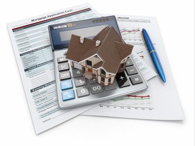 Mortgage application form with a calculator and house. clipart