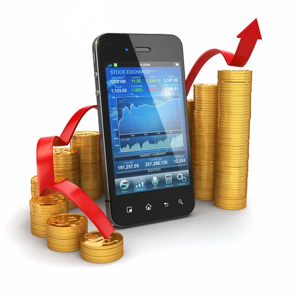 Aplicación de bolsa en móvil y gráfico de monedas — Foto de Stock