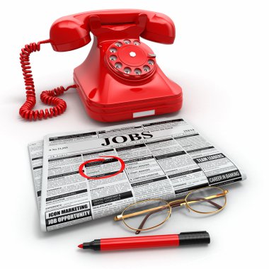 arama iş. gazete reklam, gözlük ve telefon.