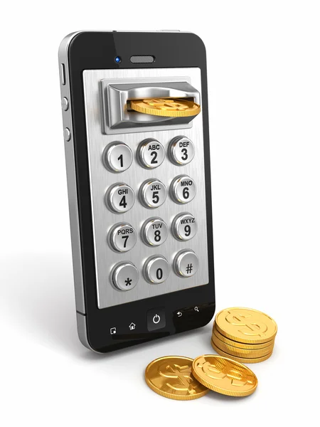 Pago del teléfono móvil. Payphone keyboartd y monedas . — Foto de Stock