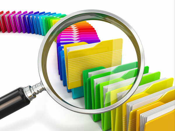 Поиск файлов. Папки и лупа на белом фоне
.