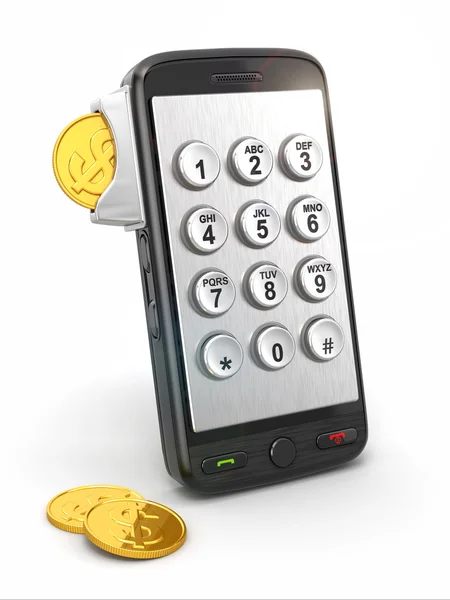 Оплата за мобільний телефон. Клавіатура з монетами та монетами . — стокове фото