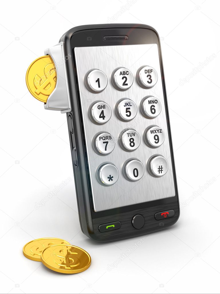 Mobile phone payment. Payphone keyboartd and coins.