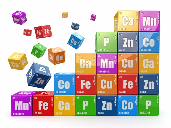 Concept de chimie. Mur de cubes avec tableau périodique des élémen — Photo