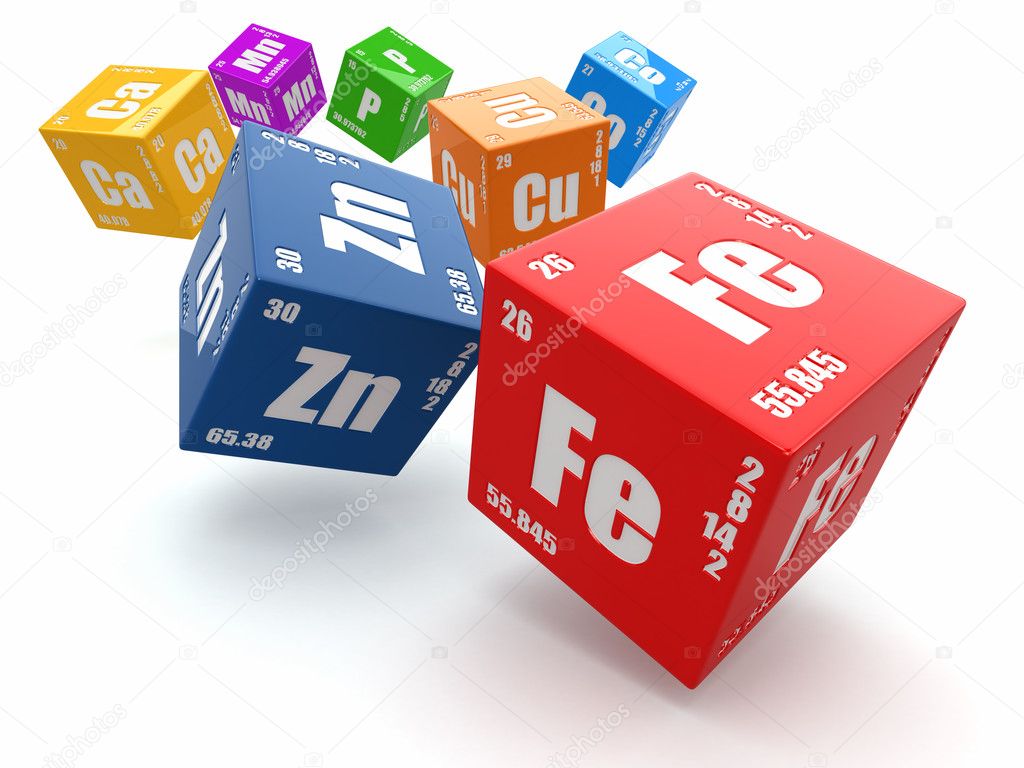 Concept of chemistry. Periodic table of element on cubes.