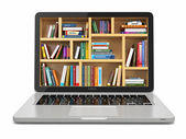 az e-learning oktatás vagy internetes könyvtár. laptop és könyvek.