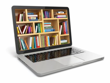 e-öğrenme eğitim veya internet Kütüphanesi. dizüstü bilgisayar ve kitap.