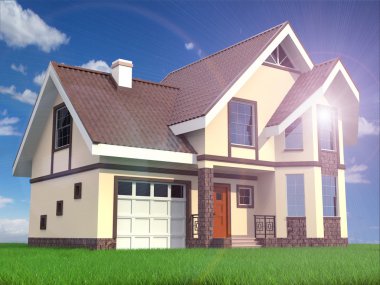 Modern aile banliyö ev çim ve gökyüzü arka plan üzerinde.