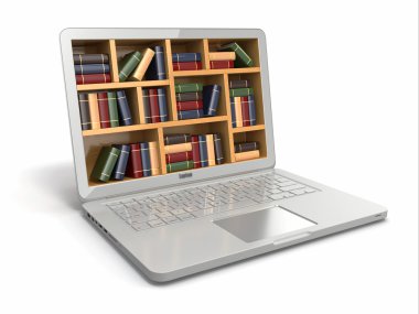 e-öğrenme eğitim veya internet Kütüphanesi. dizüstü bilgisayar ve kitap.