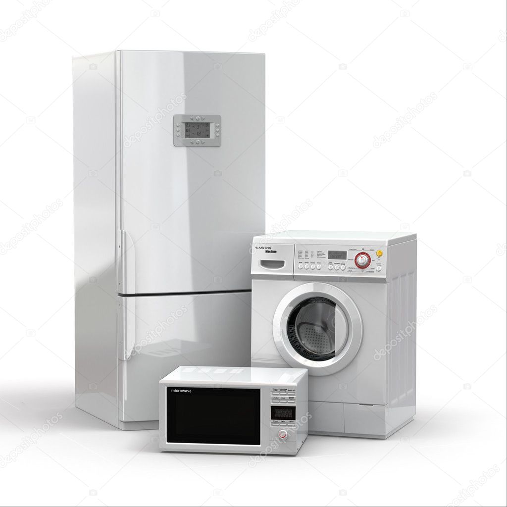 Home appliances. Refrigerator, microwave and washing maching.