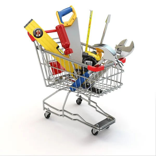 E-commerce. hulpmiddelen en winkelwagen. — Stockfoto