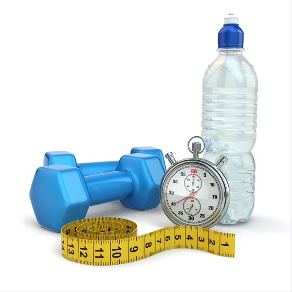 Concepção de fitness e dietimg. Cronômetro, halteres e água . — Fotografia de Stock