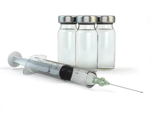 Ο εμβολιασμός. φιαλίδια και syringeon λευκό φόντο απομονωμένες, — Φωτογραφία Αρχείου