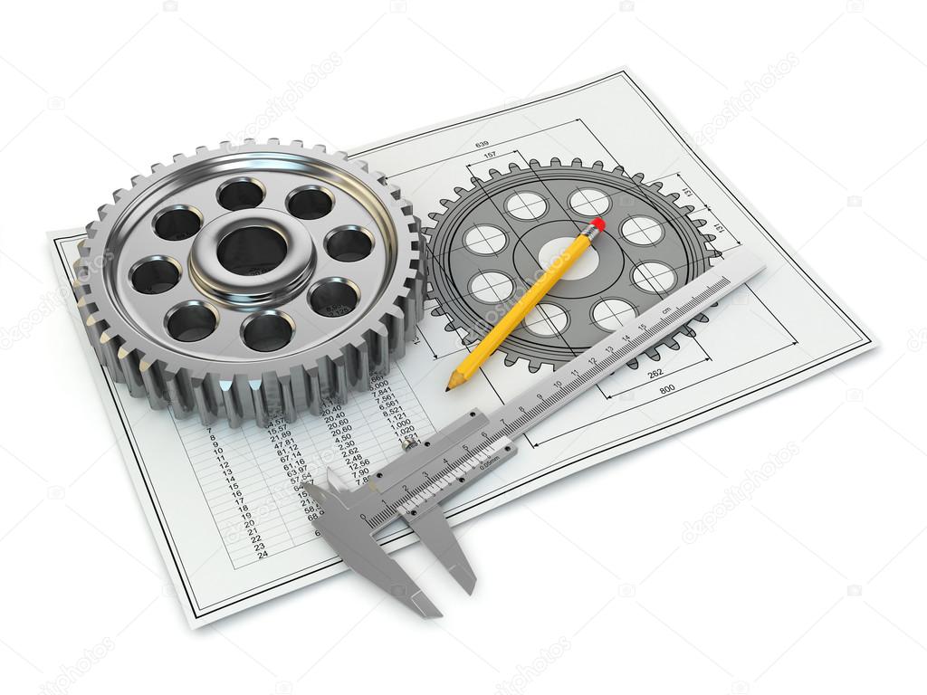Engineering drawing. Gear, trammel, pencil and draft.