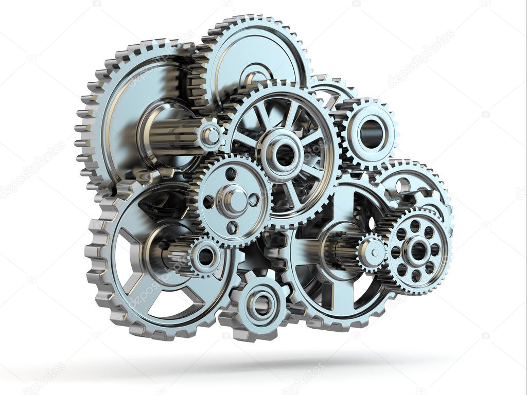 Perpetuum mobile. Iron gears on white isolated background.