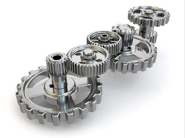 Perpetuum mobile. Iron gears on white isolated background.