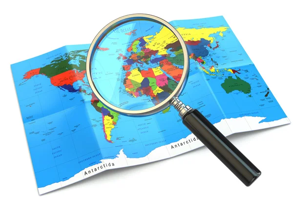 Find locations. Loupe and mapof the world. — Stock Photo, Image