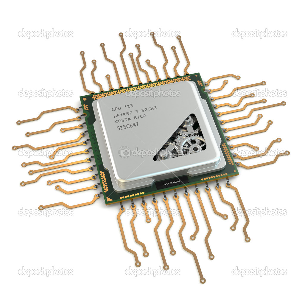 CPU. Gears inside processor on white isolated background.