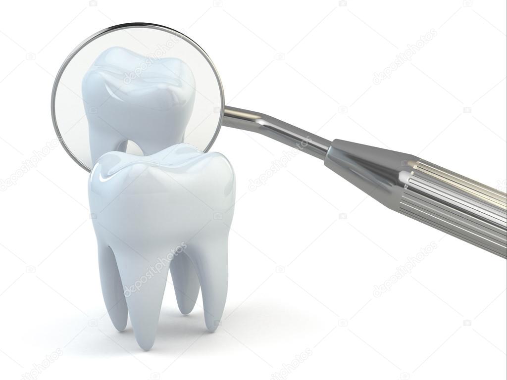 Tooth and dental equipment on white background.