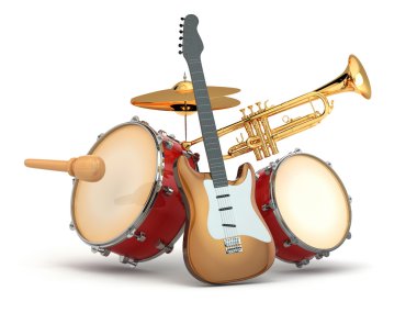 müzik aletleri. gitar, bateri ve trompet.