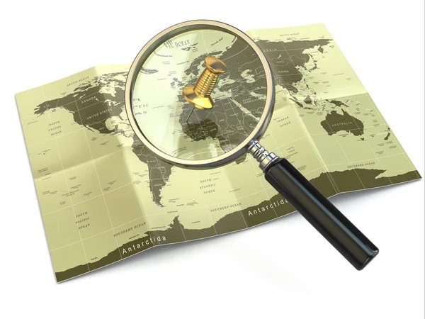 Locaties zoeken. loep en mapof de wereld. — Stockfoto