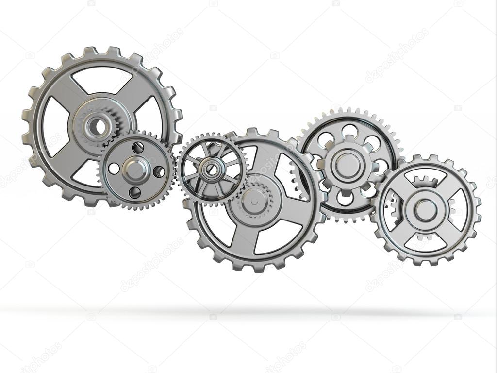 Perpetuum mobile. Iron gears on white isolated background.